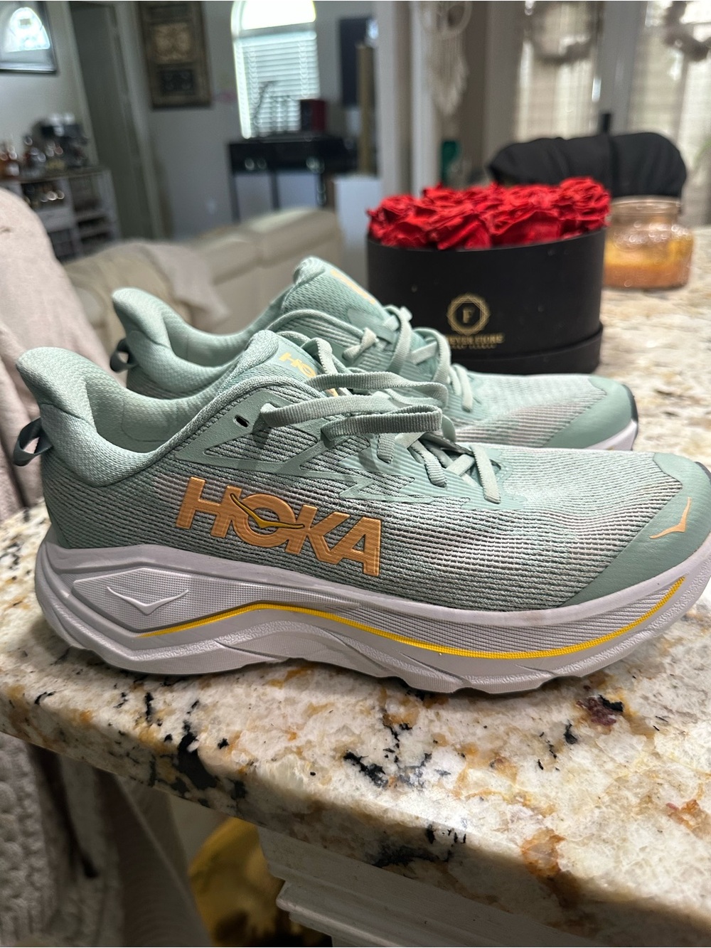 Hoka One One Women's Mint Green Running Sneakers with Yellow Accents